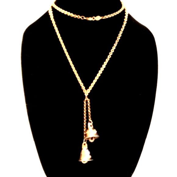 Vintage Napier Gold Tone Engraved Bells Lariat Necklace - Picture 1 of 5